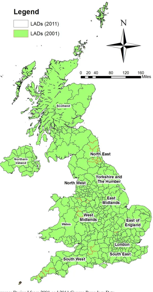 Figure 3.1: LAD boundaries within the regions of the UK in 2001 and 2011 