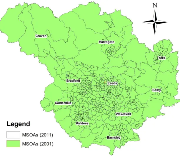 Figure 3.2: MSOA boundaries within the LADs of the LCR in 2001 and 2011 