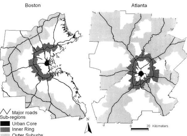 Figure  4-3 The  Urban  Core, Inner Ring,  and Outer Suburb  Sub-Regions
