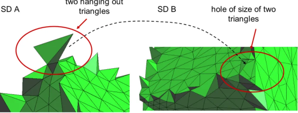 Figure 4: Hole in the mesh and moving of triangles according to special rule.