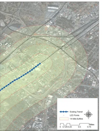 Figure 1: Example corridor, buffers, and LED census block points