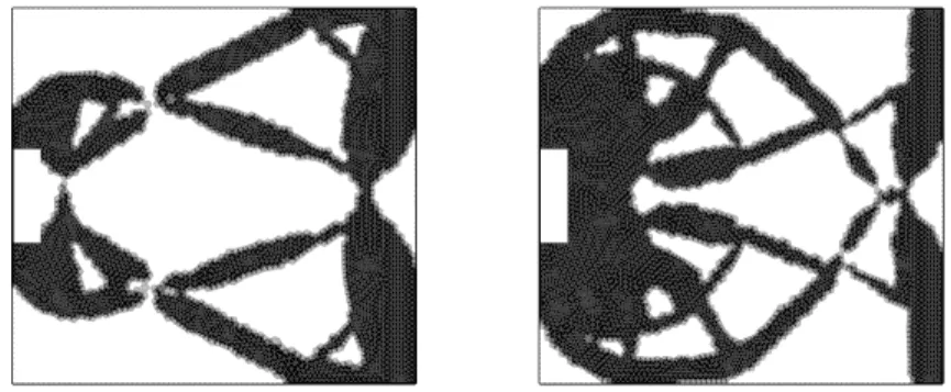 Figure 14. Obtained designs after 30 iterations for the gripping mechanism in two different configurations (ψ is initialized by a negative constant).