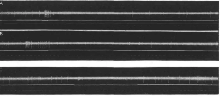 Fig. 9. Dark discharge of a sustaining fibre (O 2) and the effects of light flashes in the excitatoryarea (A, B) and outside it (C)