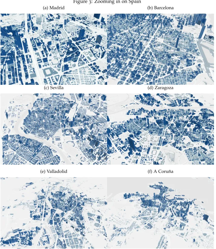 Figure 3 presents 3-D illustrations of the location of buildings in central areas of the present- present-day municipalities of Madrid, Barcelona, Sevilla, Zaragoza, Valencia and A Coru ˜na