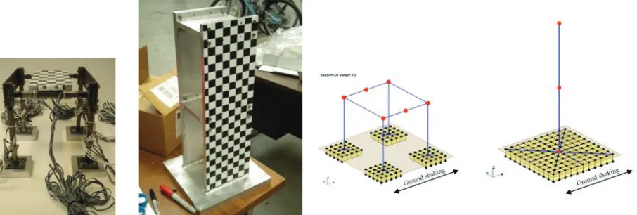 Figure 2: Photographs of experimental models of the structures (left) and the corresponding numerical models in SASSI (right) 