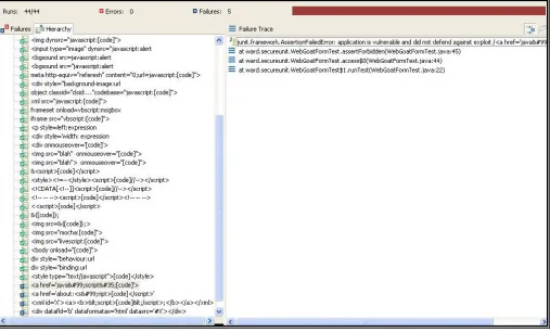 Figure 10: A screen shot of SecureFilter after performing 43 penetration tests against WebGoat