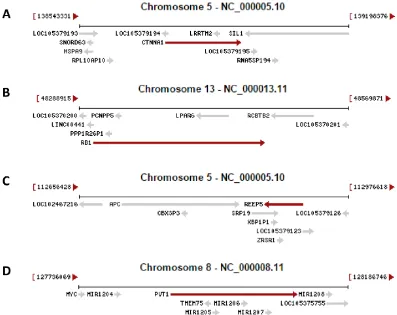 Fig. 1: Examples copied from the NCBI database in which a gene (indicated by a red arrow) contains other gene(s) (indicated by grey arrow)