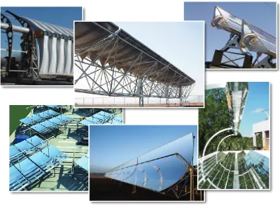 Figure 10 Examples of concentrating solar system designs (Maccari, 2006) (Skyfuel, 2010) (Absolicon, 2010) (WSP, 2009) (Eco Building Club, 2009) 