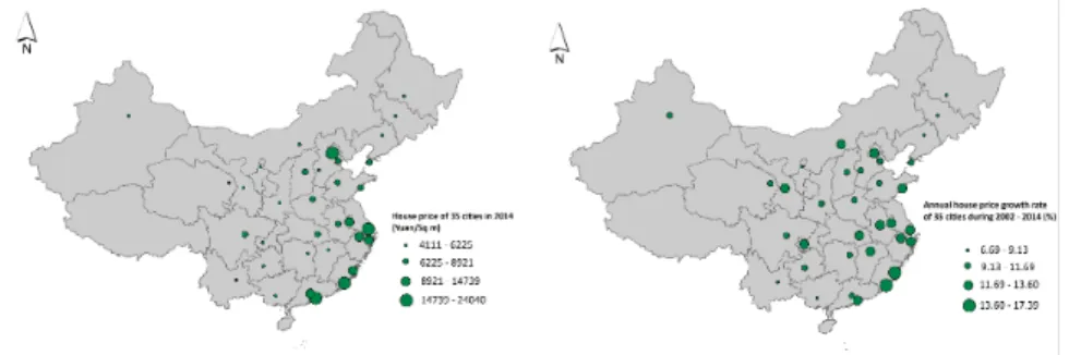FIGURE 1.1 Spatial distribution of house prices and house price growth rates in 35 cities