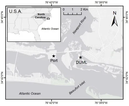 Figure 1: Location of the study site at the Duke University Marine Lab (DUML) dock in Beaufort, NC, USA, with the Port of Morehead City and neighboring bodies of water for reference