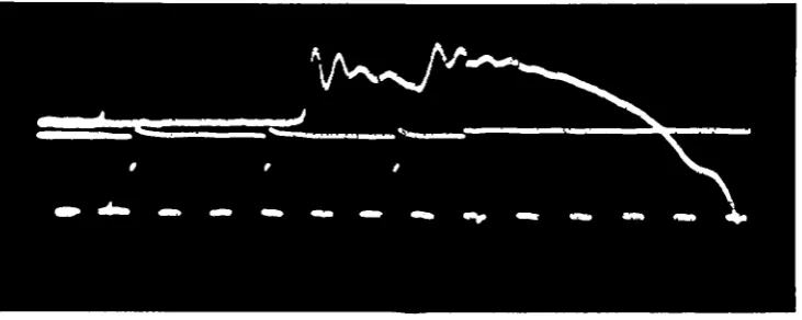 Fig. 5. Upper trace: speed, shortening upwards. Lower trace: stimuli. Time marks:50 eye./sec