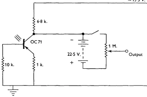 Fig. 2. Circuit of length and tension transducers. Light is focused on the emitter-basejunction of the transistor, after scraping a hole in the paint