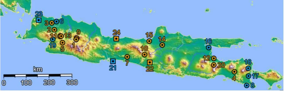 Figure 3.1: Map of Java with locations of the measurement stations 