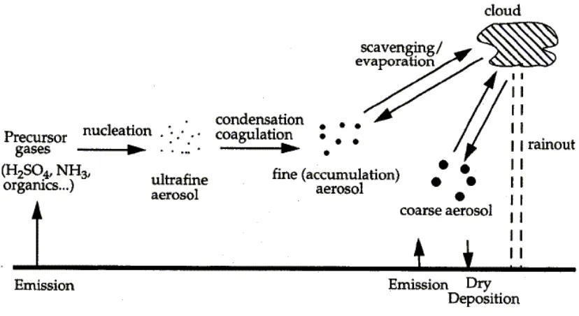 Figure 4:  production, growth, and eventual removal of atmospheric aerosol particles.   