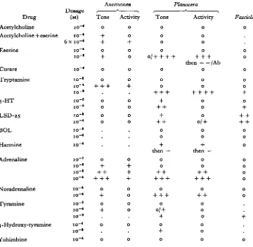 Table 2. Effect of drugs upon tone and activity of Planocera and anemone Fasciola