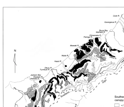 Figure 2: Southern rata canopy cover (%) in the study area, determined from aerial or ground-based assessments of allcatchments between the Mahitahi and Arawata Rivers, 1989-1990.