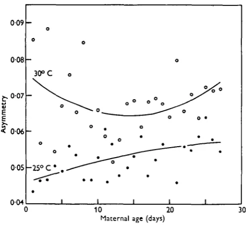 Table 3. Regression of asymmetry on maternal age in the Oregon-R stockat two temperatures, 250 C