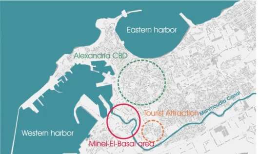 Figure  4:  Map  of  Alexandria  Showing  case  study  area  in  relation  to  Alexandria  CBD  and  tourist  attractions–graphic created by author