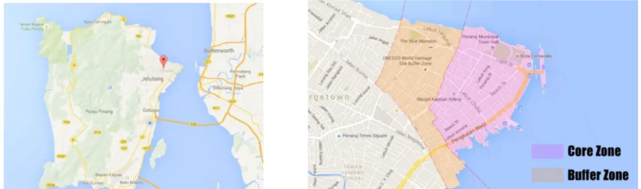 Figure 1: Location of Georgetown within Penang Island   Figure 2 : Georgetown World Heritage Site  PROBLEM STATEMENT 