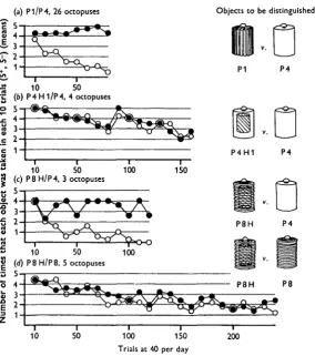 Fig. 2. The results of training experiments made under the 'short-term' conditions, with 40 trialsper day in two groups of 20
