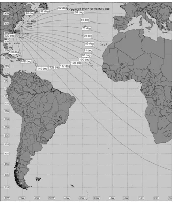 Figure 3.2: Great circle routes displaying the study areas large swell window (courtesyof Stormsurf)