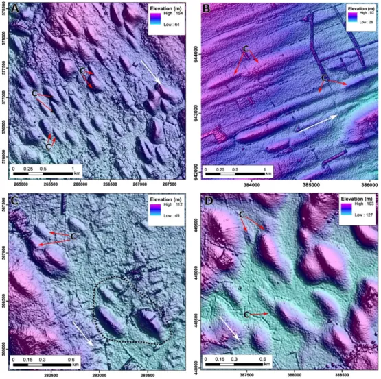 Figure 8 shows potential examples of drumlins possibly about to collide. Although perhaps not as common in drumlin fields, similar typologies to those on Figure 8 have been observed and modelled for colliding barchan dunes (e.g