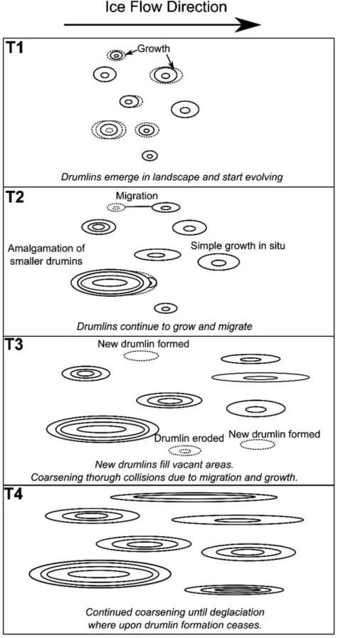 Figure 9. Summary of potential drumlin patterning behaviour. Each box represents a different stage in the evolution of the same pattern and dashed lines represent intermediate stages
