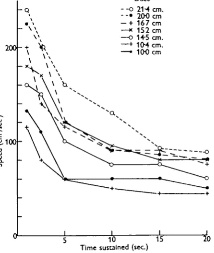 Fig. a. Relationship between speed and the length of time it can be sustained for seven dace (Leucitcusleucitcus) ranging in size, as shown, from 21*4 cm