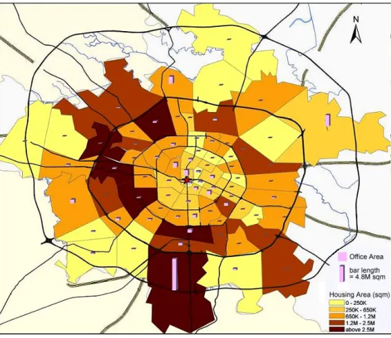 Figure 11 presents an overlay of area distributions of service jobs and housing.  The colored 75  street  blocks  comprise  the  five  main  administrative  districts  in  the  core  of  city