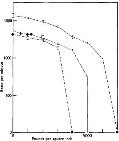 Fig. 3. Relation between hydrostatic pressure and frequency of the membranellar beat in Stentor.Results for three individuals and the limits of readings at each pressure are shown.