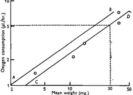 Fig. 3. Diagram illustrating graphical method of calculating the oxygen uptake of a leechof standard weight