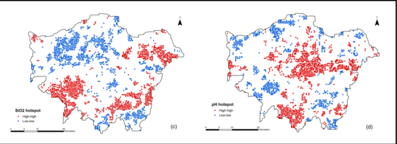 Fig. 7. LISA maps for (c) SiO 2 , (d) pH (Distance Band = 1000 m).