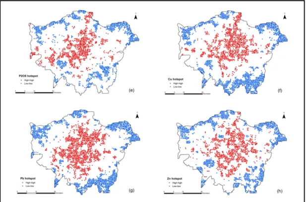 Fig. 8. LISA maps for (e) P 2 O 5 , (f) Cu, (g) Pb, (h) Zn (Distance Band = 1000 m).