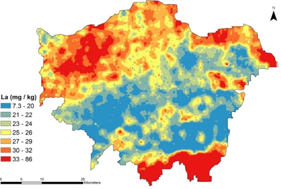 Fig. 1. Spatial distribution map of soil La concentrations in London soils.  