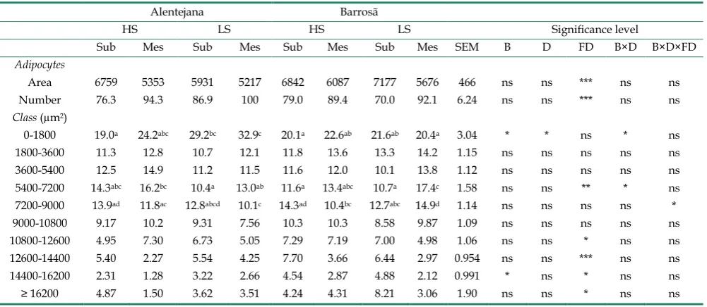 Table 2. Effect of breed, diet and fat depot on the adipocytes area (μm2), number (in 560 × 103 μm2) and distribution of subcutaneous (Sub) and mesenteric (Mes) fats from Alentejana and Barrosã bulls fed high (HS) or low silage (LS) diets