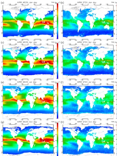 Figure 3. Climatology of daytime TCWV from the AIRWAVEv2 dataset for January2012, and standard deviations for the same months ( (a), April (c), July (e) and October (g) from 1991 tob, d, f, h).