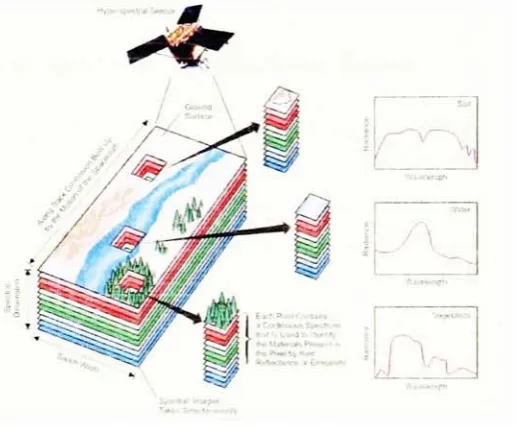 Figure 1.1:band Overview of collection capabilities of a hyperspectral sensor system. Shownare materials with distinctive spectroscopic characteristics obtained through the many or channels the instrument collects [49].