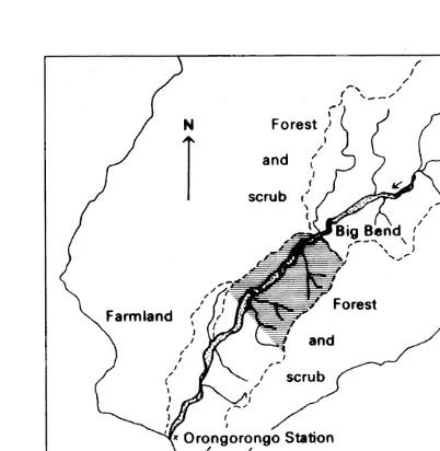 Figure 1: The lower Orongorongo Valley, showing theD.S.I.R. Research Area (hatched). Dotted lines show majorridges.