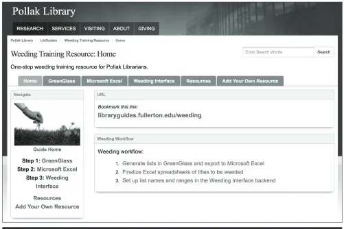 Figure 2. Screenshot of final Weeding LibGuide. Source: http://libraryguides.fullerton.edu/weeding.