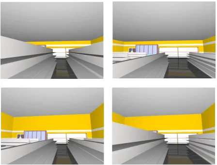 Figure 2. Four screenshots of different models at the same time in the flight through, showing every manipulation et least once in its two variations (ceiling: high vs