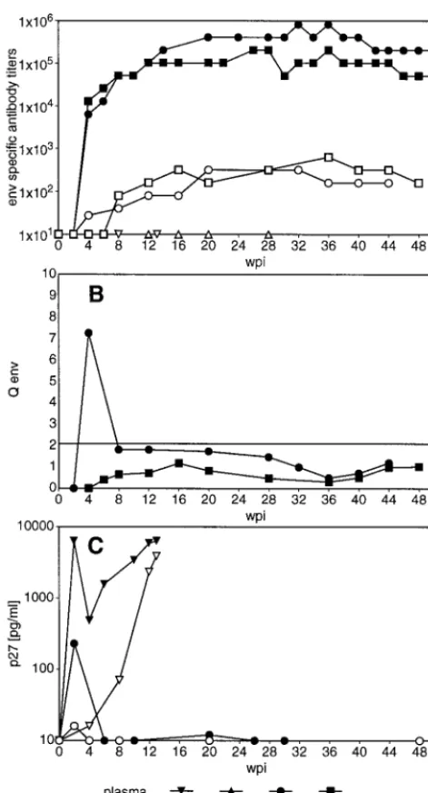 FIG. 2. Virus speciﬁc antibodies and viral antigen in plasma and CSF. (A)Env-speciﬁc titers in plasma and CSF