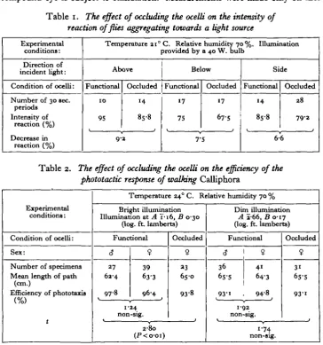 Table 1. The effect of occluding the ocelli on the intensity of