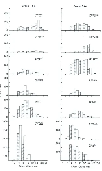 Figure 3: Stem diameter frequency distributions of common species in two groups of associations sampled by FA(cross-hatched) and V A plots (unshaded) in the measured tier, Whitcombe River survey area