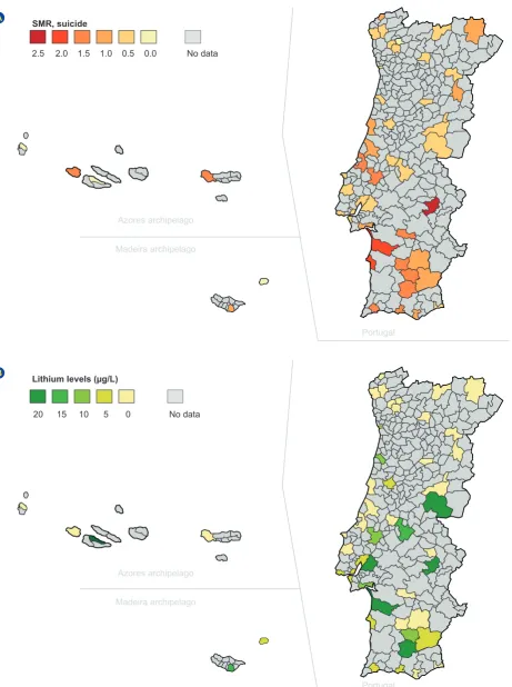 Figure 1 – Spatial distribution of: (A) standardized mortality ratio (SMR) for suicide: (B) lithium levels in public drinking water