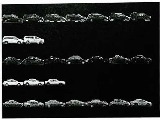 Figure 4.4: Some cars and vans clustered using global PCA for feature extraction.Rows represent clusters.Note that vehicles tend to be clusteredboth by their class and by their grayscale color.