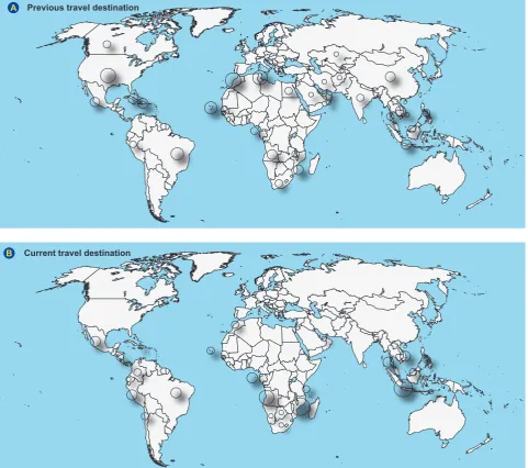 Figure 4 – Geographical distribution of destinations of previous (A) and current travel destination (B)