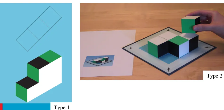 Figure 9. Sample problems of each problem type in the Tridio test. In Type 1 problems, the task is to construct building on the board, corresponding to the isometric picture (continued on next page).the pictured cube building by placing cubes on the square