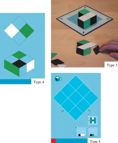 Figure 9 (continued). In Type 3, the task is to put mosaic pieces in the empty spaces in the bottom picture and the pictured board, corresponding to the pictures of two orthogonal side views (displayed at the bottom) and the isometric view of the presented