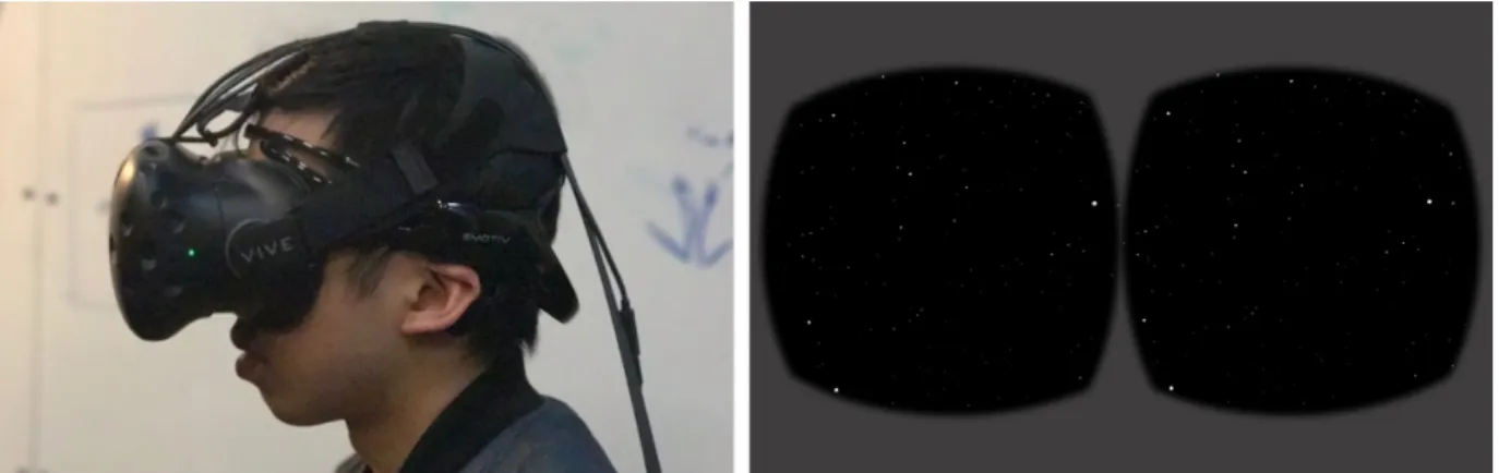 Figure 1. Left: A participant wearing HTC VIVE HMD and the EMOTIV Insight EEG BCI. Right: Visual stimuli of the virtual  environment designed to provide optic flow but eliminate all visual landmarks