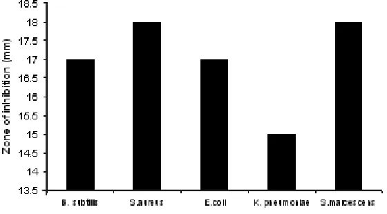Fig. 3: Inhibitory effect of methanol extract of tender seedcoat of Borassus flabellifer on different bacterial species